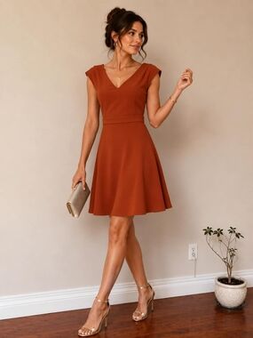 Massimo Dutti V-Neck A-Line Mini Dress in Rust size 38